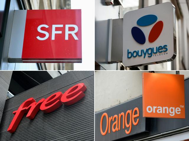 (FILES COMBO) This combination of photographs created on October 15, 2025 shows the logos of French telecom companies SFR, in Paris on June 16, 2025, Bouygues Telecom in Caen on November 29, 2019, Free in Paris on March 10, 2016 and Orange, in Bethune on February 18, 2014. Altice France, the parent company of SFR, has extended until June 5, 2026 the period of exclusive negotiations granted to Bouygues Telecom, Iliad (Free) and Orange for the sale of its operator, these companies announced on May 15, 2026 in a joint statement. (Photo by AFP)