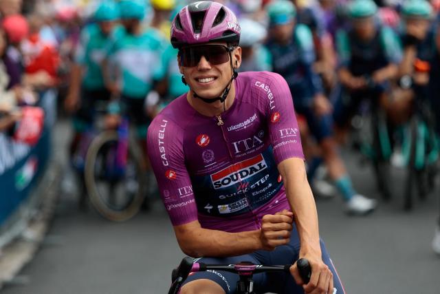 Soudal Quick-Step French rider Paul Magnier waits to start prior the 7th stage of the Giro d'Italia 2026 - Tour of Italy cycling race between Formia and Blockhaus, Italy, on May 15, 2026. (Photo by Luca Bettini / AFP)