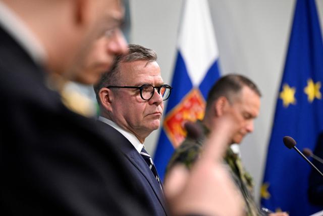 Finland's Prime Minister Petteri Orpo delivers a press statement about the possible drone threat that happened in southern Uusimaa region, in Helsinki, Finland, on May 15, 2026. Petteri Orpo said a danger alert had been issued for the southern Uusimaa region and that defence forces intensified surveillance after a potential drone was reported in the area. (Photo by Markku Ulander / Lehtikuva / AFP) / Finland OUT