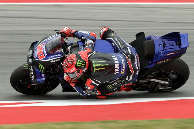 Team Monster Energy Yamaha MotoGP's Fabio Quartararo rides during the first free practice session ahead of the Catalunya Moto GP Grand Prix at the Catalunya racetrack in Montmelo, near Barcelona, on May 15, 2026. (Photo by Lluis GENE / AFP)