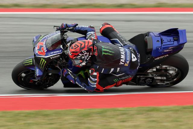 Team Monster Energy Yamaha MotoGP's Augusto Fernandez rides during the first free practice session ahead of the Catalunya Moto GP Grand Prix at the Catalunya racetrack in Montmelo, near Barcelona, on May 15, 2026. (Photo by Lluis GENE / AFP)