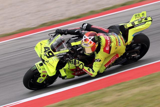Team Pertamina Enduro VR46 Racing Team's Fabio Di Giannantonio rides during the first free practice session ahead of the Catalunya Moto GP Grand Prix at the Catalunya racetrack in Montmelo, near Barcelona, on May 15, 2026. (Photo by Lluis GENE / AFP)