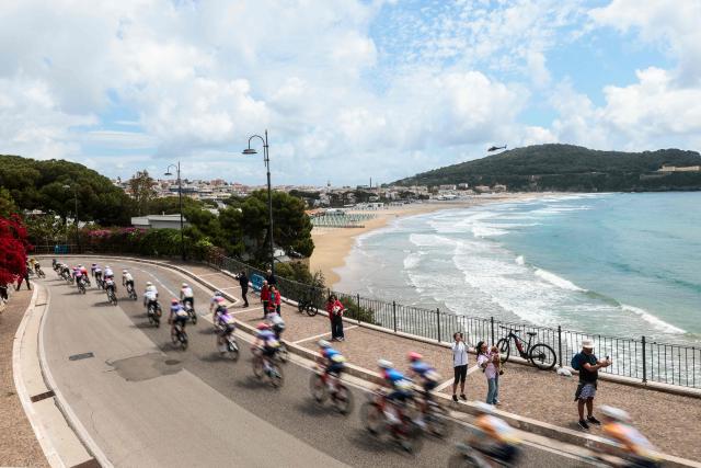 The pack rides during the 7th stage of the Giro d'Italia 2026 - Tour of Italy cycling race between Formia and Blockhaus, Italy, on May 15, 2026. (Photo by Luca Bettini / AFP)