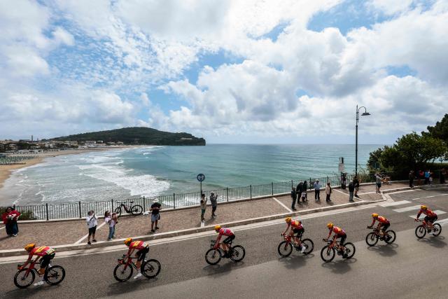 The pack rides during the 7th stage of the Giro d'Italia 2026 - Tour of Italy cycling race between Formia and Blockhaus, Italy, on May 15, 2026. (Photo by Luca Bettini / AFP)
