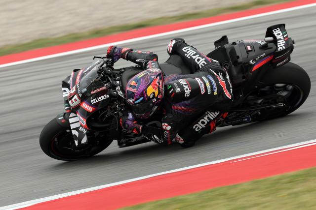 Team Aprilia Racing's Jorge Martin rides during the first free practice session ahead of the Catalunya Moto GP Grand Prix at the Catalunya racetrack in Montmelo, near Barcelona, on May 15, 2026. (Photo by Lluis GENE / AFP)