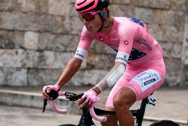 Bahrain - Victorious Portuguese rider Afonso Eulalio wearing the overall leader's pink jersey (Maglia Rosa) rides during the 7th stage of the Giro d'Italia 2026 - Tour of Italy cycling race between Formia and Blockhaus, Italy, on May 15, 2026. (Photo by Luca Bettini / AFP)