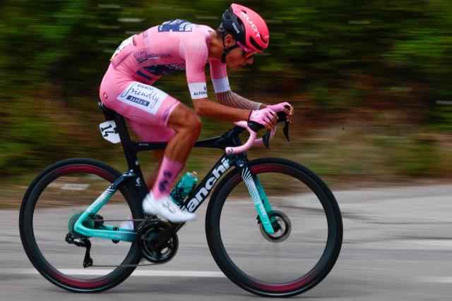 Bahrain - Victorious Portuguese rider Afonso Eulalio rides during the 7th stage of the Giro d'Italia 2026 - Tour of Italy cycling race between Formia and Blockhaus, Italy, on May 15, 2026. (Photo by Luca Bettini / AFP)