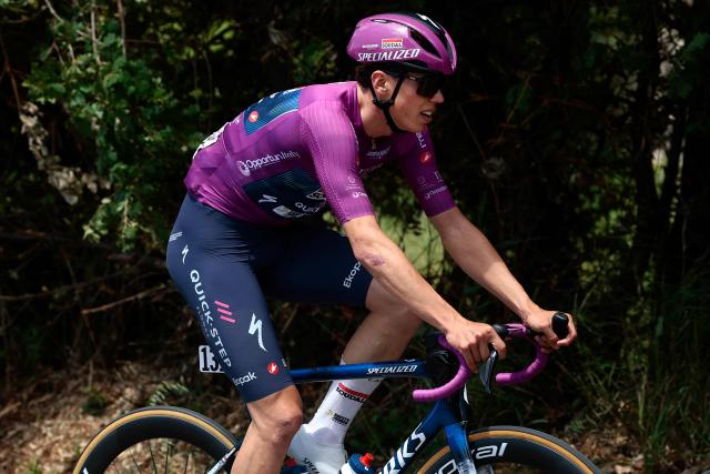 Soudal Quick-Step French rider Paul Magnier wearing the points classification mauve jersey (Maglia Ciclamino) rides during the 7th stage of the Giro d'Italia 2026 - Tour of Italy cycling race between Formia and Blockhaus, Italy, on May 15, 2026. (Photo by Luca Bettini / AFP)