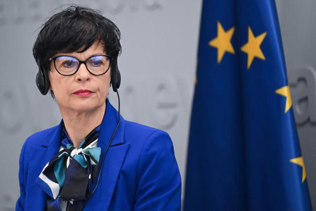 EU Commissioner for Enlargement Marta Kos holds a joint press conference with Kosovo's acting Prime Minister following their meeting in Pristina on May 15, 2026. (Photo by Armend NIMANI / AFP)