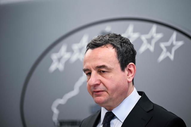 Kosovo's Prime Minister Albin Kurti holds a joint press conference with EU Commissioner for Enlargement following their meeting in Pristina on May 15, 2026. (Photo by Armend NIMANI / AFP)