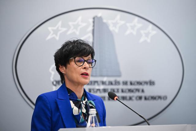 EU Commissioner for Enlargement Marta Kos holds a joint press conference with Kosovo's acting Prime Minister following their meeting in Pristina on May 15, 2026. (Photo by Armend NIMANI / AFP)