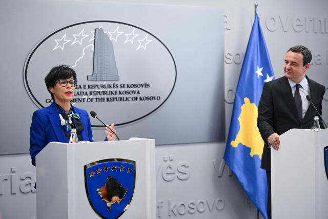 EU Commissioner for Enlargement Marta Kos holds a joint press conference with Kosovo's Prime Minister Albin Kurti (R) following their meeting in Pristina on May 15, 2026. (Photo by Armend NIMANI / AFP)