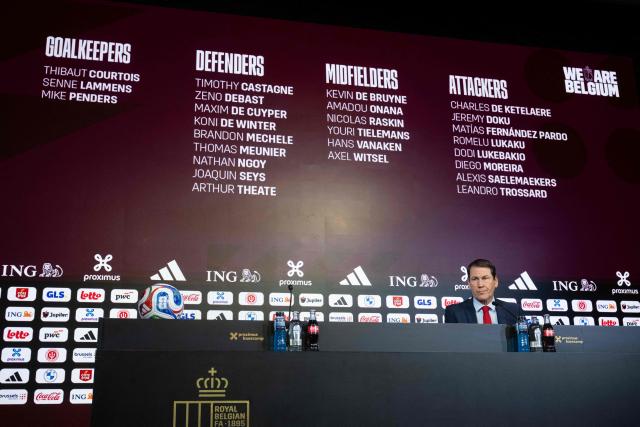 Belgium’s football team French head coach Rudi Garcia addresses the media during a press conference to unveil his squad for the World Cup 2026 football tournament, at the Proximus base camp in Tubize on May 15, 2026. (Photo by JOHN THYS / AFP)