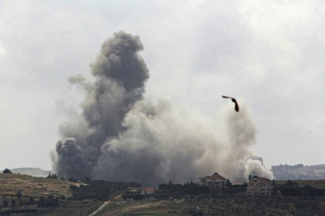 Smoke rises from the site of an Israeli airstrike that targeted the southern Lebanese village of Kfar Tibnit on May 15, 2026. Israel and Lebanon opened a second day of talks in Washington on May 15, diplomats said, despite a new flare-up of violence with Israel striking its northern neighbor. (Photo by AFP)
