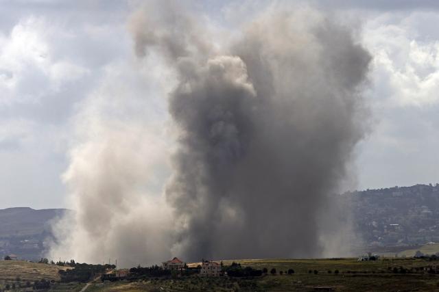 Smoke rises from the site of an Israeli airstrike that targeted the southern Lebanese village of Kfar Tibnit on May 15, 2026. Israel and Lebanon opened a second day of talks in Washington on May 15, diplomats said, despite a new flare-up of violence with Israel striking its northern neighbor. (Photo by AFP)