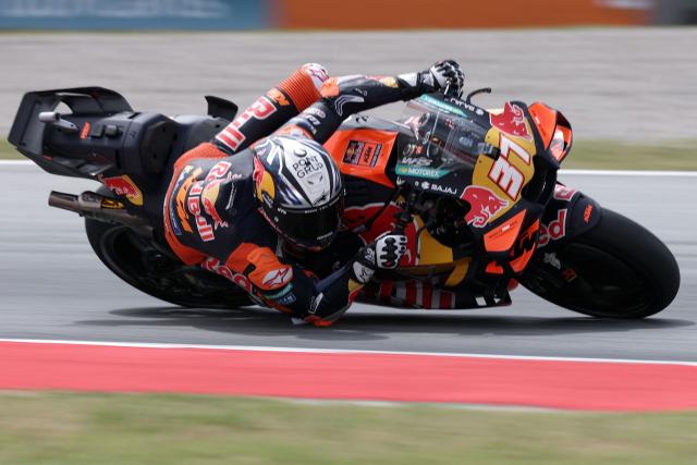 Team Red Bull KTM Factory Racing's Pedro Acosta rides during a practice session ahead of the Catalunya Moto GP Grand Prix at the Catalunya racetrack in Montmelo, near Barcelona, on May 15, 2026. (Photo by LLUIS GENE / AFP)