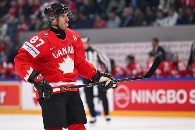 Canada’s forward #87 Sidney Crosby looks on during the group B match between Canada and Sweden at the IIHF Ice Hockey Men's World Championship at BFC Arena, in Fribourg on May 15, 2026. (Photo by Fabrice COFFRINI / AFP)