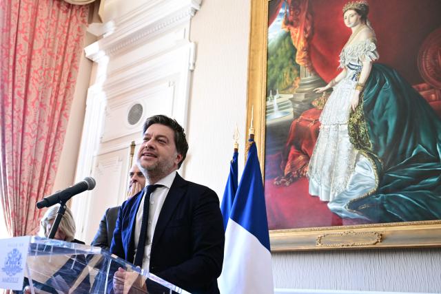Marseille Mayor Benoit Payan delivers a speech during the labelling of the Palais du Pharo site as "Heritage of Diplomacy" (Patrimoine de la diplomatie) at the Palais du Pharo in Marseille on May 15, 2026. (Photo by Miguel MEDINA / AFP)