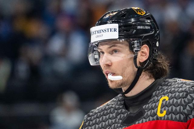 Germany's defender #53 Moritz Seider reacts during the group A match between Finland and Germany at the IIHF Ice Hockey Men's World Championship at Swiss Life Arena, in Zurich on May 15, 2026. (Photo by ENNIO LEANZA / AFP)