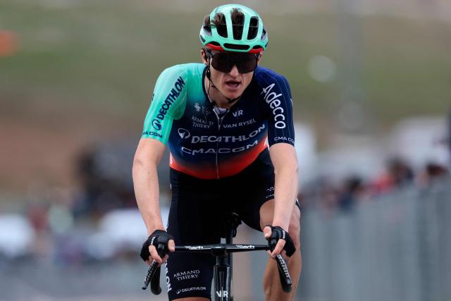 Decathlon CMA CGM Team Austrian rider Felix Gall crosses the finish line of the 7th stage of the Giro d'Italia 2026 - Tour of Italy cycling race between Formia and Blockhaus, Italy, on May 15, 2026. (Photo by Luca Bettini / AFP)