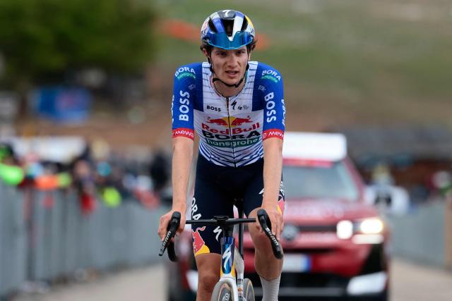 Red Bull - BORA - hansgrohe Italian rider Giulio Pellizzari crosses the finish line of the 7th stage of the Giro d'Italia 2026 - Tour of Italy cycling race between Formia and Blockhaus, Italy, on May 15, 2026. (Photo by Luca Bettini / AFP)
