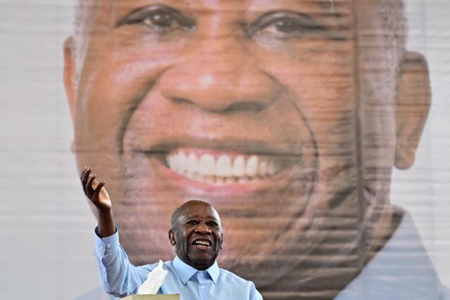 Former Ivorian President and Chairman of the African People's Party of Ivory Coast (PPA-CI) Laurent Gbagbo reacts during the closing ceremony of his Party's first Congress in Abidjan on May 15, 2026. (Photo by Issouf SANOGO / AFP)