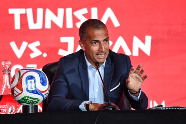 Head coach of Tunisia’s national football team Sabri Lamouchi holds a press conference in Tunis on May 15, 2026, ahead of the 2026 FIFA World Cup. Lamouchi announced the list of players who will participate in the World Cup. (Photo by FETHI BELAID / AFP)