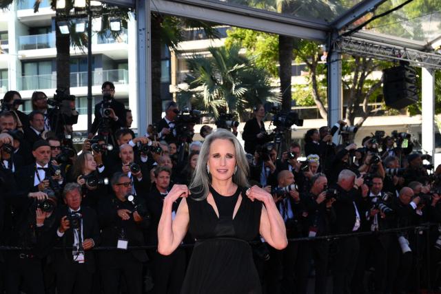 US actress Andie MacDowell arrives for the screening of the film "Karma" at the 79th edition of the Cannes Film Festival in Cannes, southern France on May 15, 2026. (Photo by Olivier CHASSIGNOLE / AFP)