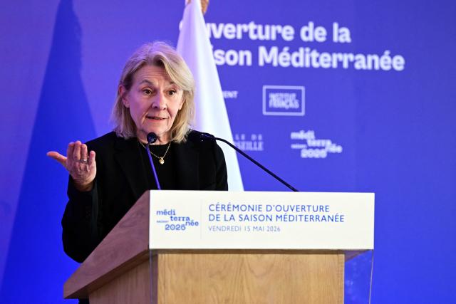 France's Culture Minister Catherine Pegard delivers a speech during the launch of the Mediterranean Season (Saison Mediterranee) cultural programme in Marseille on May 15, 2026. (Photo by Miguel MEDINA / AFP)