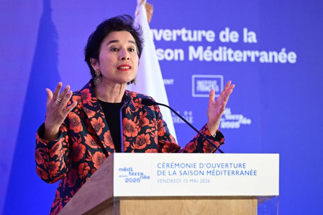 President of the French Institute (Institut francais) Eva Nguyen Binh delivers a speech during the launch of the Mediterranean Season (Saison Mediterranee) cultural programme at the Palais du Pharo in Marseille on May 15, 2026. (Photo by Miguel MEDINA / AFP)