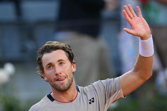 Norway's Casper Ruud celebrates after winning the semi-final against Italy's Luciano Darderi during the ATP Rome Open tennis tournament at Foro Italico in Rome on May 15, 2026. (Photo by Tiziana FABI / AFP)