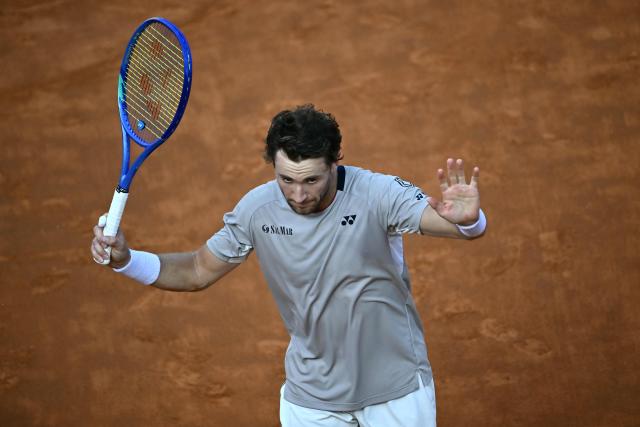 Norway's Casper Ruud celebrates after winning the semi-final against Italy's Luciano Darderi during the ATP Rome Open tennis tournament at Foro Italico in Rome on May 15, 2026. (Photo by Filippo MONTEFORTE / AFP)