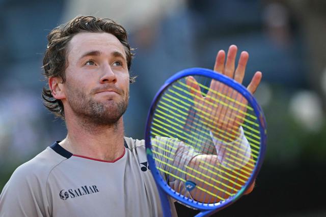 Norway's Casper Ruud celebrates after winning the semi-final against Italy's Luciano Darderi during the ATP Rome Open tennis tournament at Foro Italico in Rome on May 15, 2026. (Photo by Tiziana FABI / AFP)