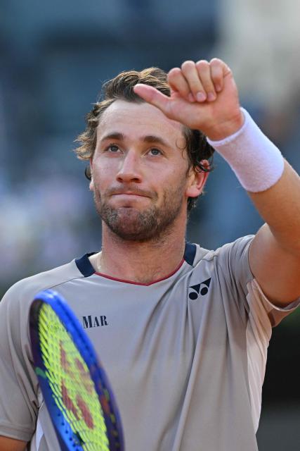 Norway's Casper Ruud celebrates after winning the semi-final against Italy's Luciano Darderi during the ATP Rome Open tennis tournament at Foro Italico in Rome on May 15, 2026. (Photo by Tiziana FABI / AFP)
