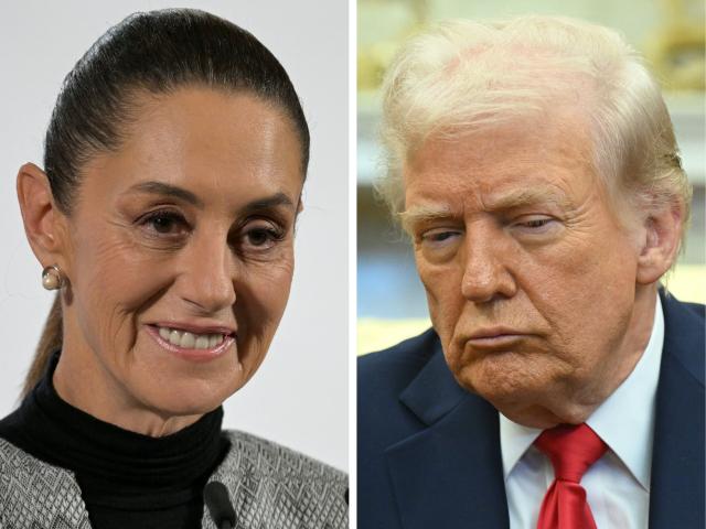 (FILES) (COMBO) This combination of pictures created on March 06, 2025 shows Mexico's President Claudia Sheinbaum (L) delivering her daily press conference at the National Palace in Mexico City on February 28, 2025, and US President Donald Trump listenings as he meets with Ukraine's President Volodymyr Zelensky in the Oval Office of the White House in Washington, DC, February 28, 2025. Mexico's President Claudia Sheinbaum spoke by phone on May 15, 2026 with her US counterpart Donald Trump about security and trade issues, the president herself said. (Photo by Alfredo ESTRELLA and SAUL LOEB / AFP)