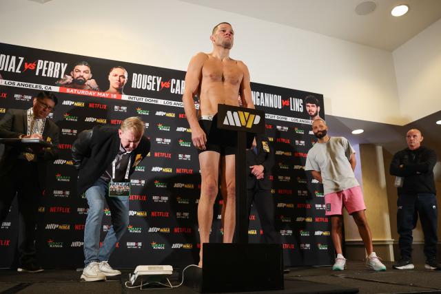 US Mixed Martial Arts (MMA) fighter Nate Diaz weighs in during the official weigh-in ahead of the Most Valuable Promotions (MVP) and Netflix Professional MMA fight in Manhattan Beach, California on May 15, 2026. (Photo by Patrick T. Fallon / AFP)