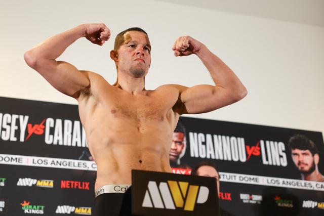 US Mixed Martial Arts (MMA) fighter Nate Diaz weighs in during the official weigh-in ahead of the Most Valuable Promotions (MVP) and Netflix Professional MMA fight in Manhattan Beach, California on May 15, 2026. (Photo by Patrick T. Fallon / AFP)