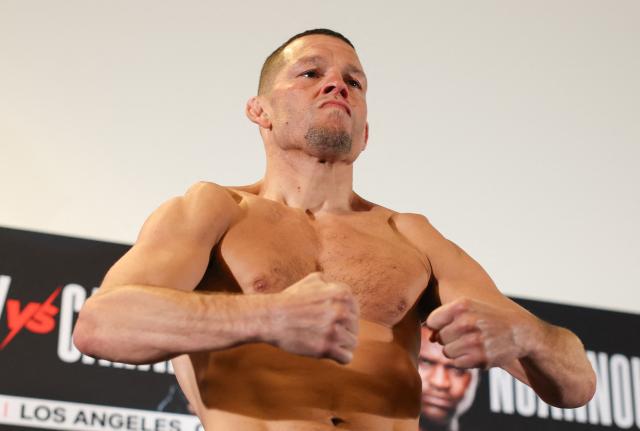 US Mixed Martial Arts (MMA) fighter Nate Diaz weighs in during the official weigh-in ahead of the Most Valuable Promotions (MVP) and Netflix Professional MMA fight in Manhattan Beach, California on May 15, 2026. (Photo by Patrick T. Fallon / AFP)
