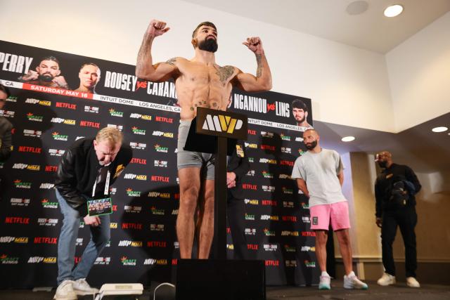 US Mixed Martial Arts (MMA) fighter Mike Perry weighs in during the official weigh-in ahead of the Most Valuable Promotions (MVP) and Netflix Professional MMA fight in Manhattan Beach, California on May 15, 2026. (Photo by Patrick T. Fallon / AFP)