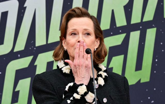 US actress Sigourney Weaver speaks during her hand and footprint ceremony at the TCL Chinese Theatre in Hollywood, California on May 15, 2026. (Photo by Frederic J. Brown / AFP)