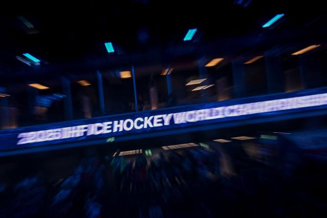 A light panel is seen prior to the group B match between Czech Republic and Denmark at the IIHF Ice Hockey Men's World Championship in the BFC Arena, Fribourg, on May 15, 2026. (Photo by Fabrice COFFRINI / AFP)