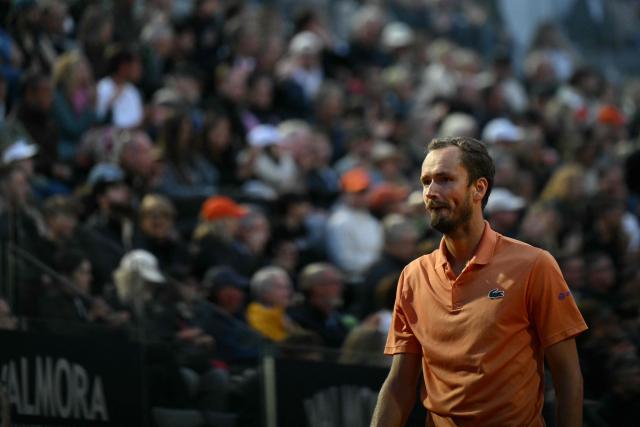 Russia's Daniil Medvedev looks on during his semi-final match against Italy's Jannik Sinner  at the ATP Rome Open tennis tournament at Foro Italico in Rome on May 15, 2026. (Photo by Tiziana FABI / AFP)