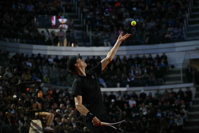 Italy's Jannik Sinner serves to Russia's Daniil Medvedev during their semi-final at the ATP Rome Open tennis tournament at Foro Italico in Rome on May 15, 2026. (Photo by Tiziana FABI / AFP)