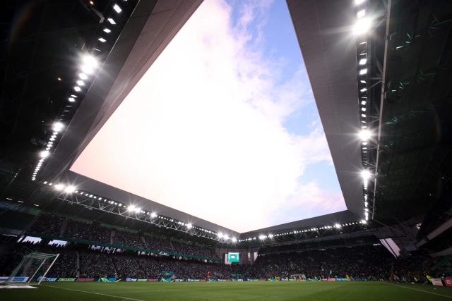 A general view shows the stade Geoffroy Guichard during the French L1-L2 playoff second leg football match between AS Saint-Etienne and Rodez at the stade Geoffroy Guichard in Saint-Etienne, south-eastern France on May 15, 2026. (Photo by Alex MARTIN / AFP)