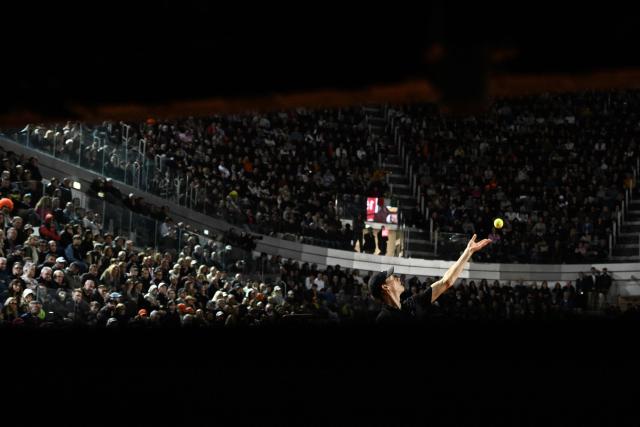 Italy's Jannik Sinner serves to Russia's Daniil Medvedev during their semi-final at the ATP Rome Open tennis tournament at Foro Italico in Rome on May 15, 2026. (Photo by Tiziana FABI / AFP)