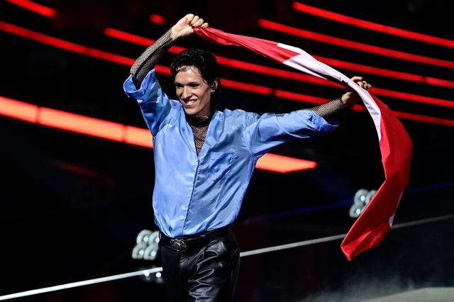 Denmark's Soeren Torpegaard Lund arrives on stage for the dress rehearsal for the grand final of the Eurovision Song Contest 2026 (ESC) at Wiener Stadthalle in Vienna, Austria on May 15, 2026. (Photo by Tobias SCHWARZ / AFP)