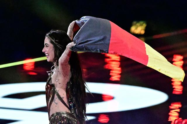 Germany's Sarah Engels arrives on stage for the dress rehearsal for the grand final of the Eurovision Song Contest 2026 (ESC) at Wiener Stadthalle in Vienna, Austria on May 15, 2026. (Photo by Tobias SCHWARZ / AFP)