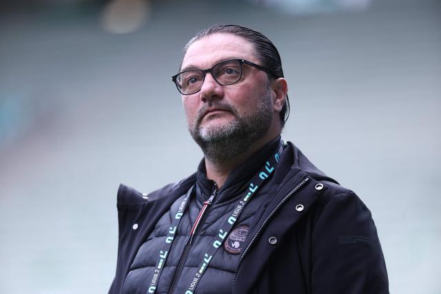 Rodez's French president Pierre-Olivier Murat looks on ahead of the French L1-L2 playoff second leg football match between AS Saint-Etienne and Rodez at the stade Geoffroy Guichard in Saint-Etienne, south-eastern France on May 15, 2026. (Photo by Alex MARTIN / AFP)