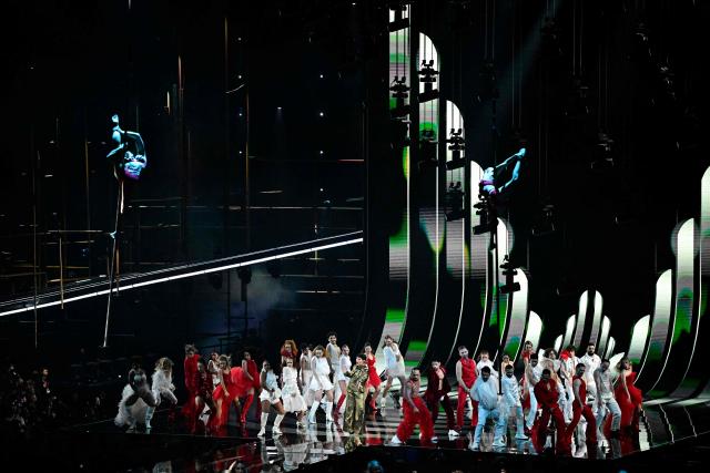 Austrian singer Johannes Pietsch aka JJ, winner of the 2025 Eurovision Song Contest (ESC) and dancers perform during the dress rehearsal for the grand final of the Eurovision Song Contest 2026 (ESC) at Wiener Stadthalle in Vienna, Austria on May 15, 2026. (Photo by Tobias SCHWARZ / AFP)