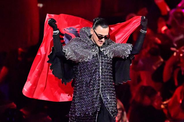 Albania's singer Alis Kallaci arrives on stage for the dress rehearsal for the grand final of the Eurovision Song Contest 2026 (ESC) at Wiener Stadthalle in Vienna, Austria on May 15, 2026. (Photo by Tobias SCHWARZ / AFP)